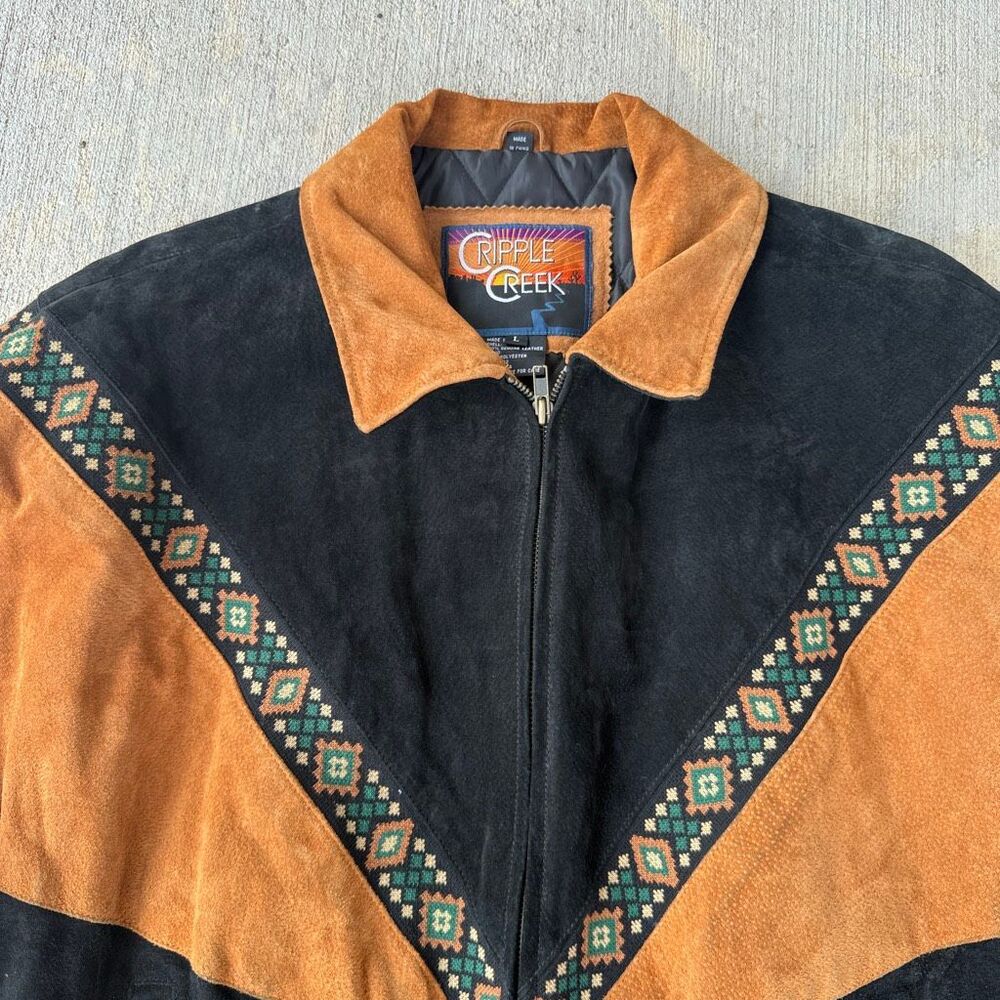 Vintage Cripple Creek Suede Aztec Western Bomber Jacket Black Tan Men's Large - Picture 2 of 9